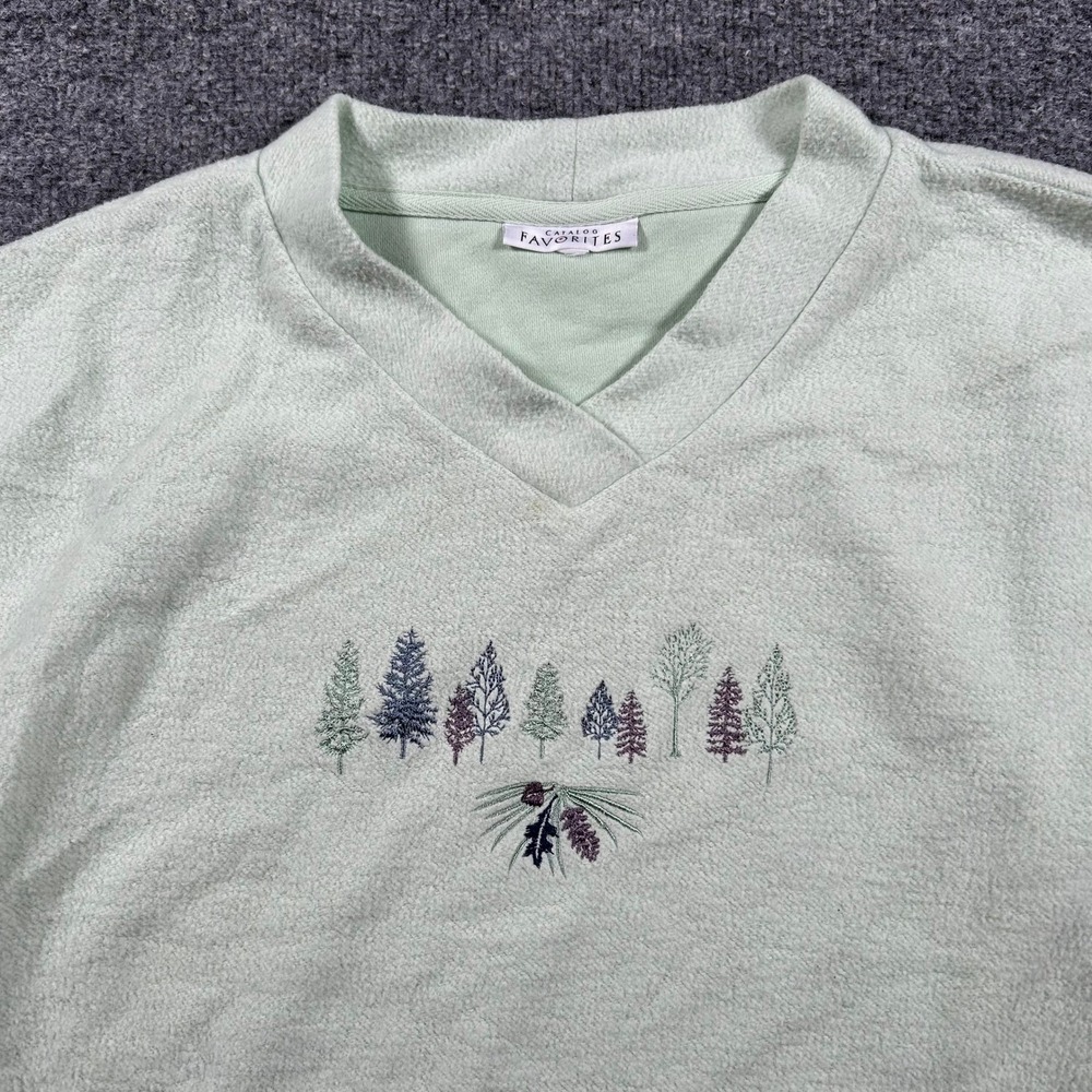 Catalog Favorites Sweatshirt Womens Size L Green Embroidered Trees V-Neck Soft